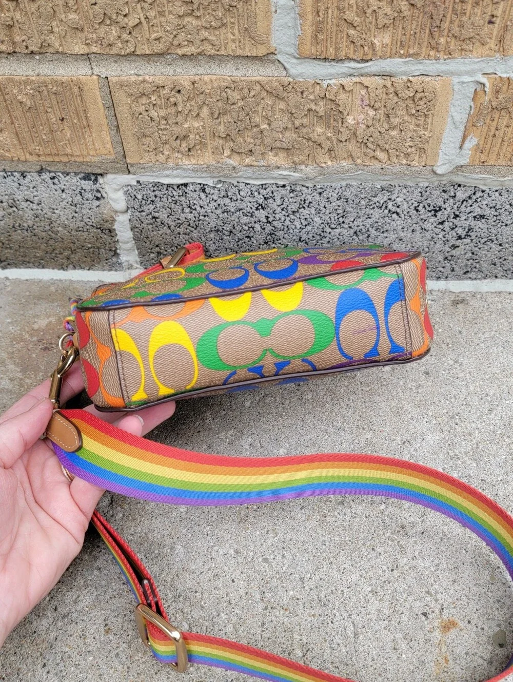 Coach Khaki Rainbow Signature Mini Camera Crossbody C4227